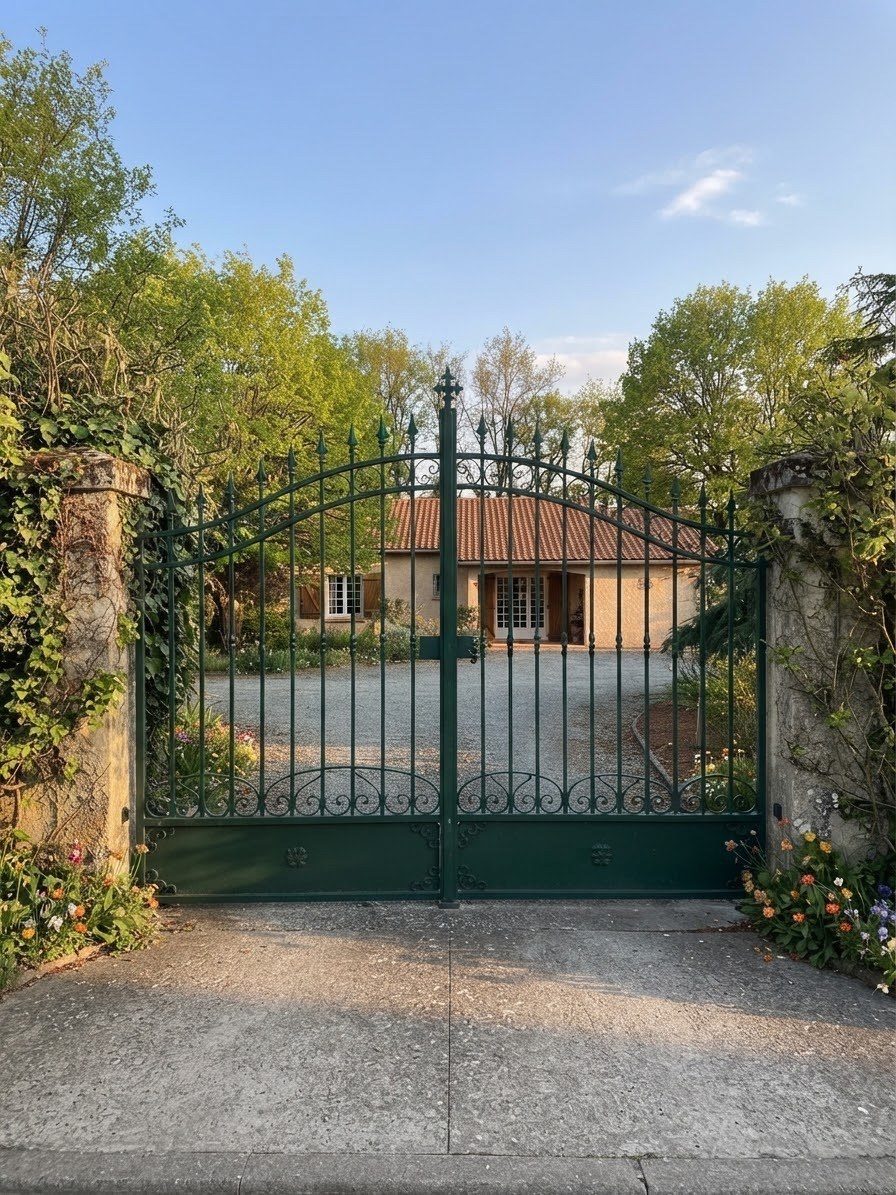 Portail double vantail en fer forgé vert foncé avec arc, pointes de lances et volutes, posé entre deux piliers de pierre devant une maison.