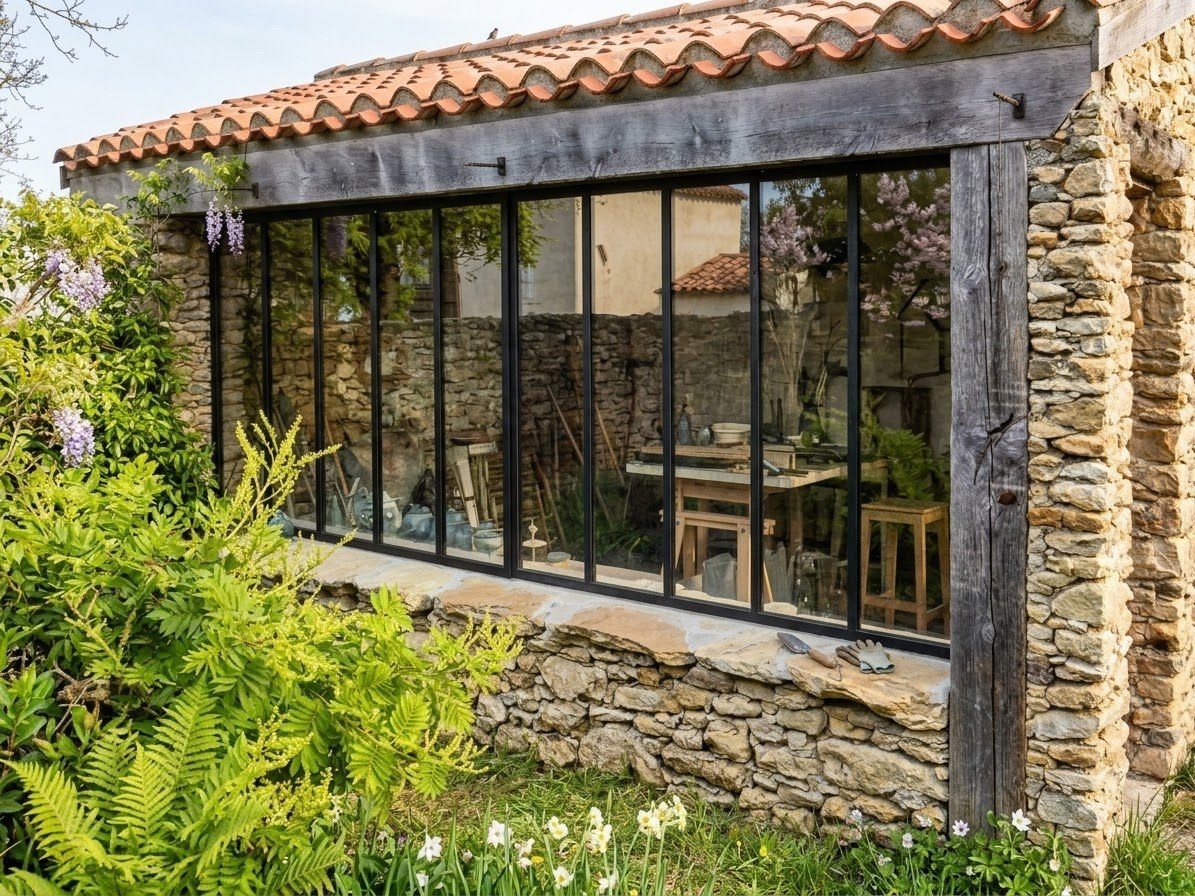 Verrière en acier noir sur mesure posée sur la façade d'un atelier d'artiste en pierre, ouverte sur le jardin et baignée de lumière.